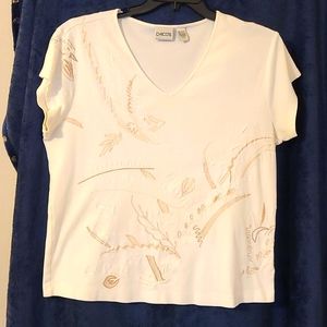 Chico's, size 3, white tee with gold design